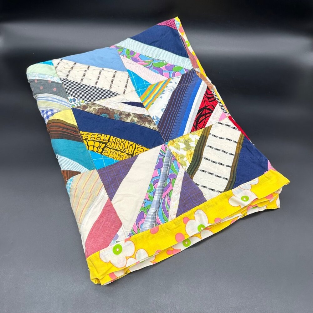 Vintage Patchwork Quilt Blanket Handmade 1960s Small Throw Belted Bison Rainbow